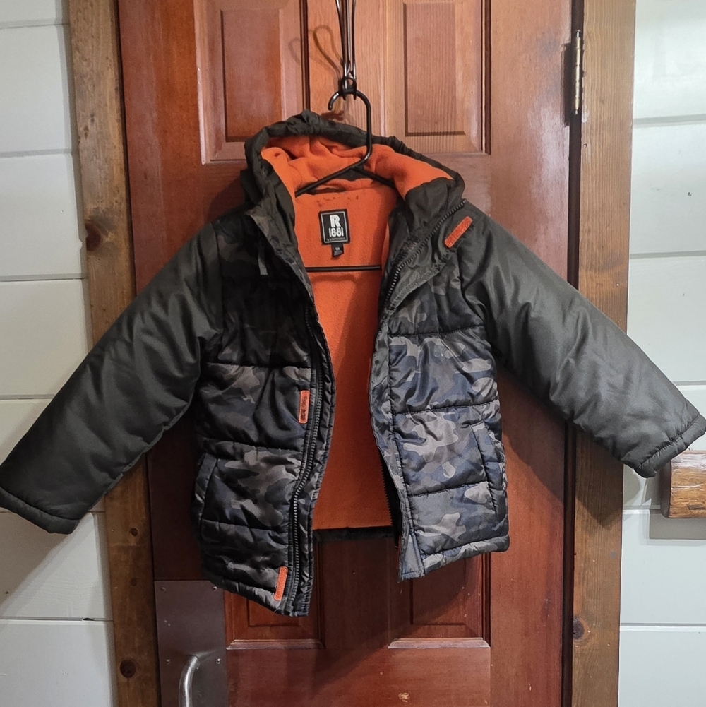 Black Camo Puffer Jacket with Orange Lining for Kids